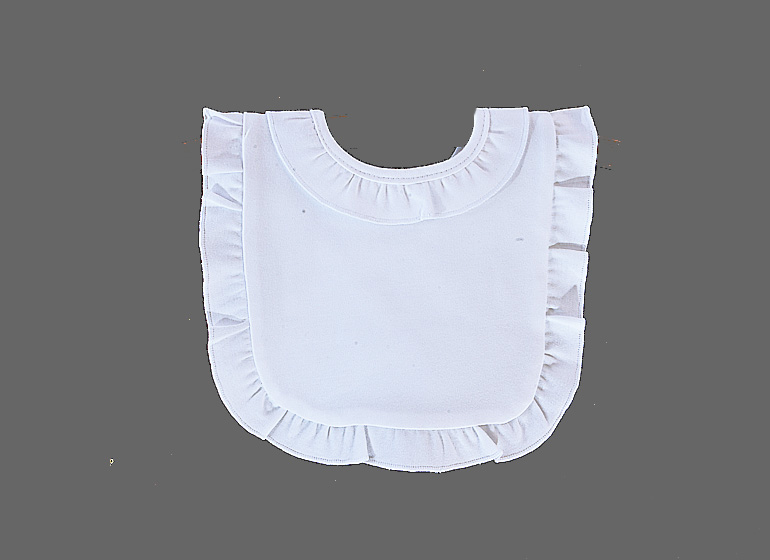 baby bib, white with white ruffles