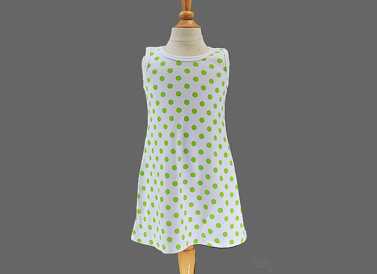 girl toddler A-Line Dress. Big Hot Green Dots.