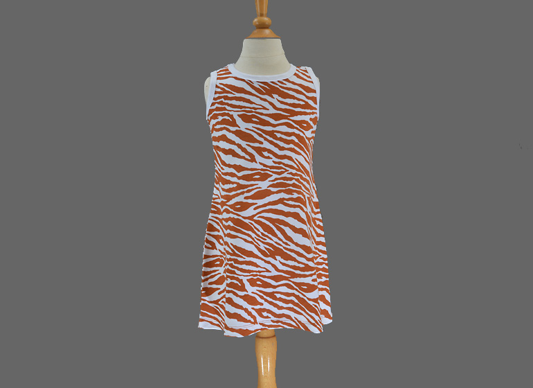 Girl Toddle Dress. Sleeveless A Line, Burnt Orange Zebra Color