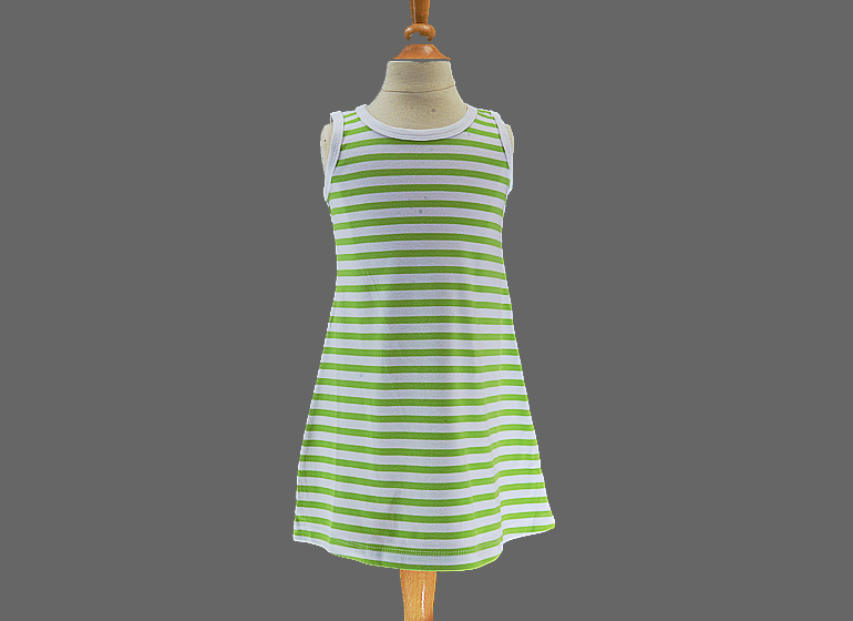 girl toddler A-Line Dress. Hot Green Striped.
