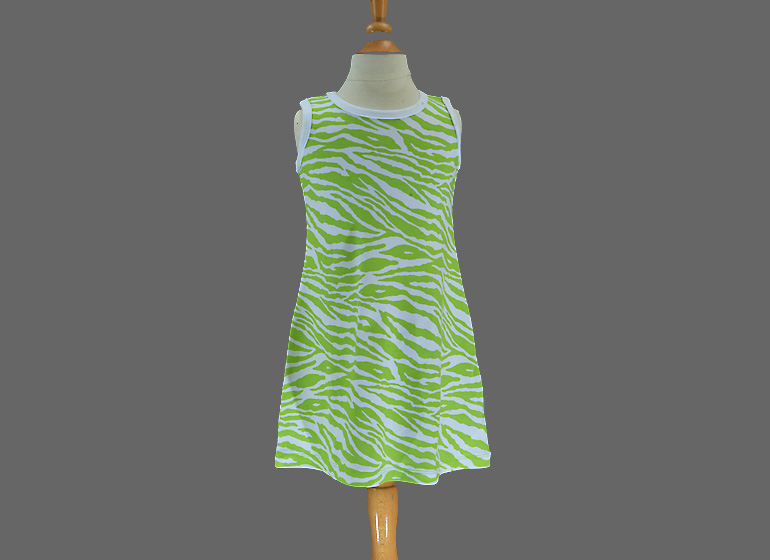 Girl Toddle Dress. Sleeveless A Line, Hot Green Zebra Color