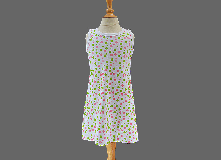 girl toddler A-Line Dress. Hot Pink with Hot Green Polka dots