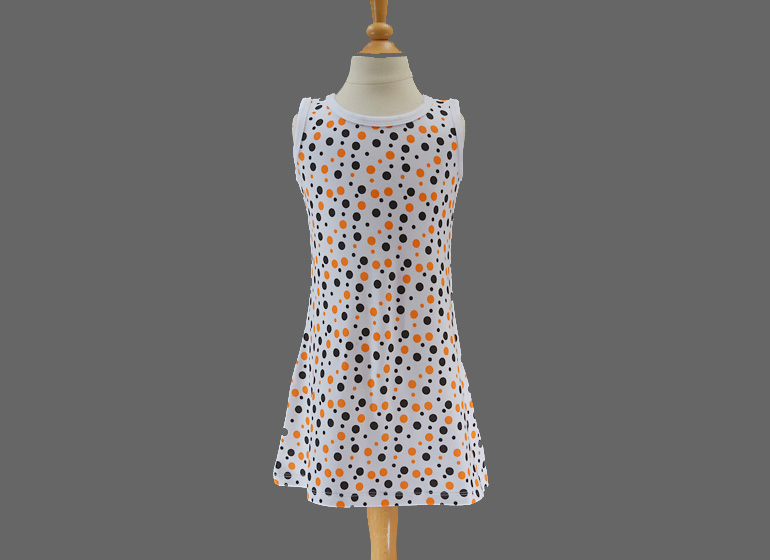 girl toddler A-Line Dress. Hot Pink with Orange and Blacki Dots