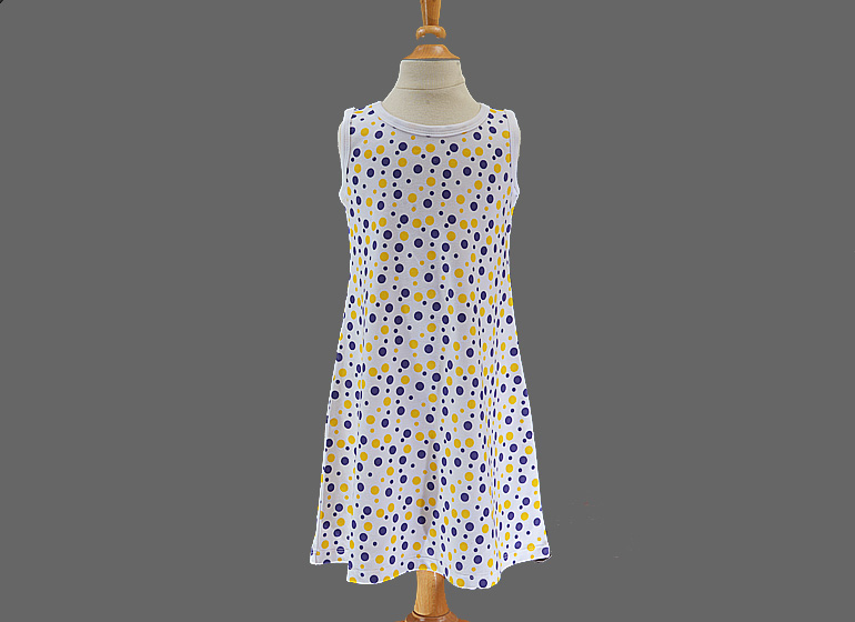 girl toddler A-Line Dress. Purple with Gold Polka Dots